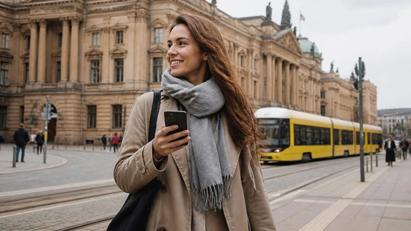 Traveller checking mobile data usage on a smartphone during a trip through Germany