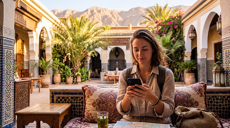 Tourist checking how much mobile data is needed for Morocco