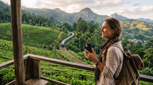 Traveler using mobile data while exploring Sri Lanka