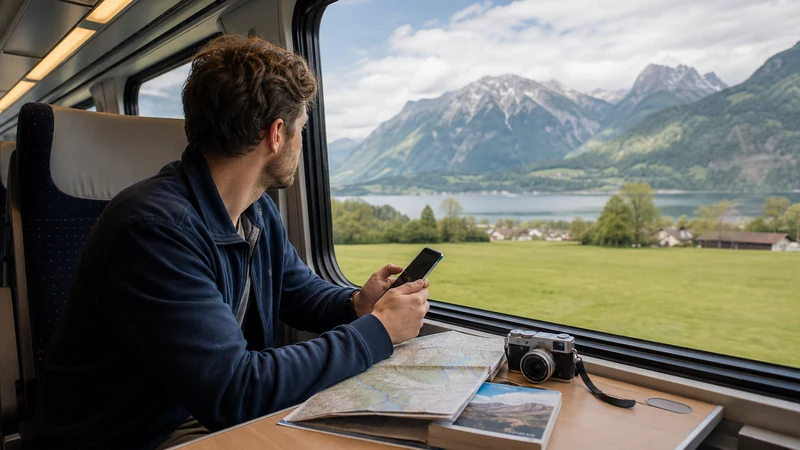 Traveller checking mobile data needs on an Austrian train through the Alps