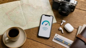 Czech Republic trip planning with a phone data gauge, map and camera.