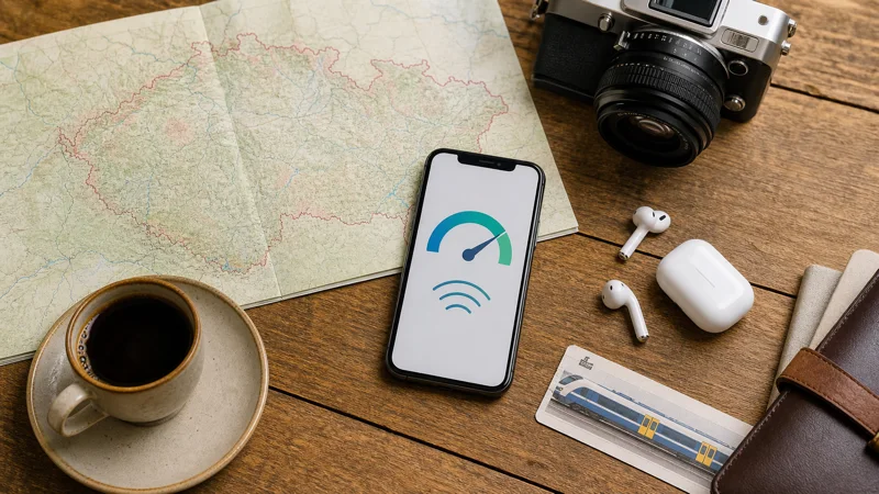 Czech Republic trip planning with a phone data gauge, map and camera.