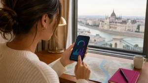 Traveller estimating mobile data for a Hungary trip in Budapest