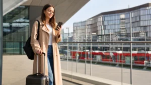 Traveller activating an Austria eSIM after arriving at Vienna station