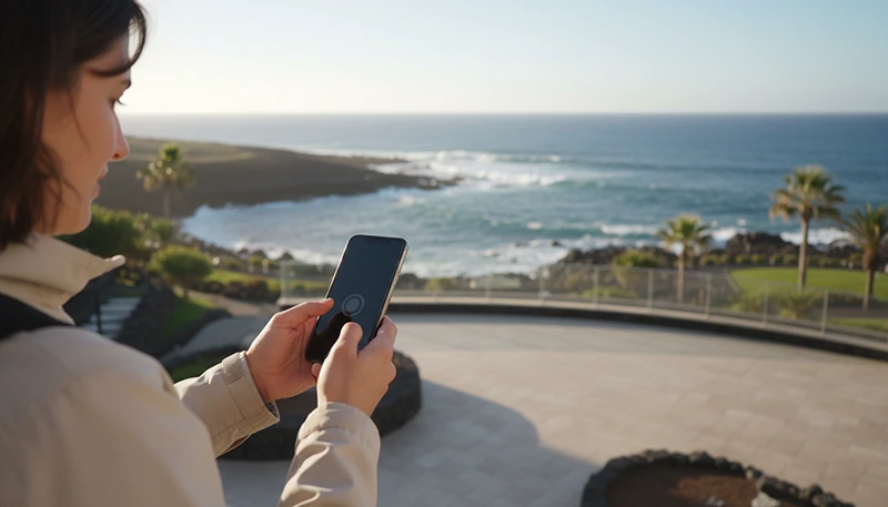 Traveller activating a Canary Islands eSIM on a smartphone before arrival