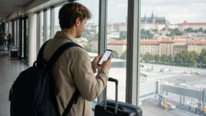 Traveller activating a Czech Republic eSIM after arriving at Prague Airport.