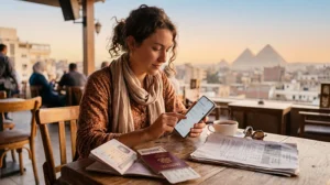 Tourist activating an Egypt eSIM before travel