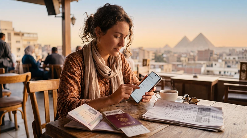 Tourist activating an Egypt eSIM before travel