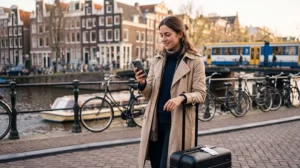 Traveller activating a Netherlands travel eSIM after arriving in Amsterdam