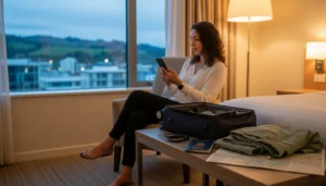 Traveller activating a New Zealand eSIM and preparing mobile data settings after arrival
