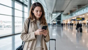 Traveller activating a Poland eSIM after arriving at Warsaw Airport.