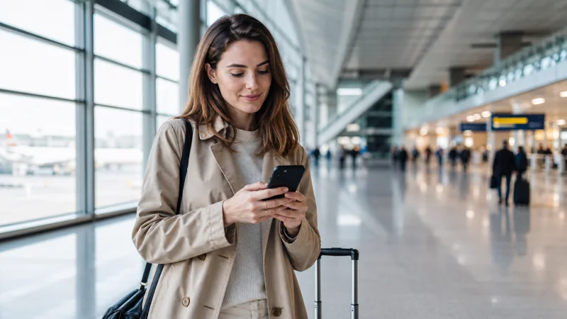 Traveller activating a Poland eSIM after arriving at Warsaw Airport.