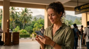 Traveler activating a Sri Lanka eSIM on a smartphone after arriving on the island