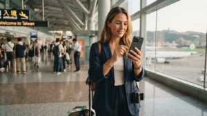 Traveller activating a Taiwan eSIM on a smartphone before beginning a trip