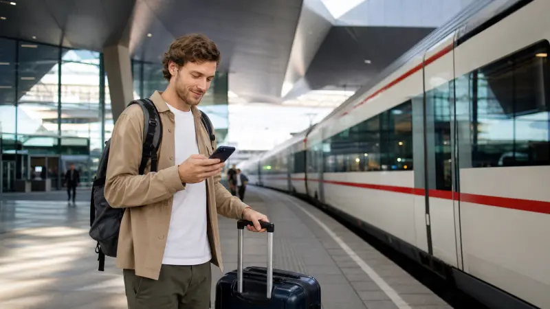 Traveller using a smartphone beside a train at Vienna Central Station