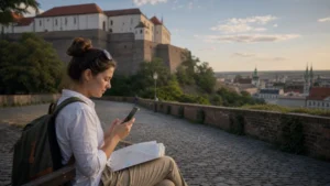 Traveller using mobile internet below Špilberk Castle.