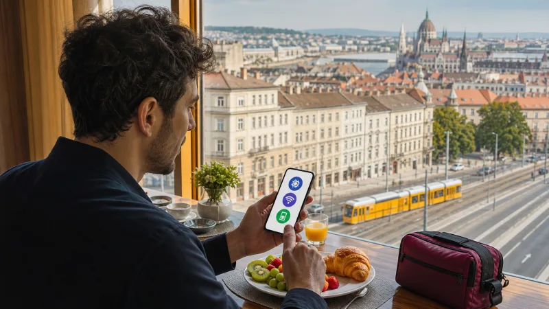 Traveller comparing internet options for a Budapest trip