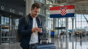Newly arrived traveller setting up mobile internet at Zagreb Airport.