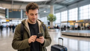 Traveller setting up mobile internet after arriving in Prague.