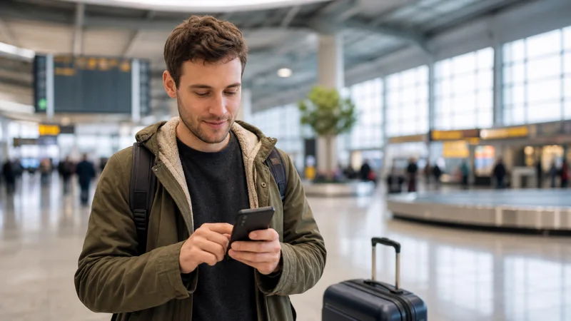 Traveller setting up mobile internet after arriving in Prague.