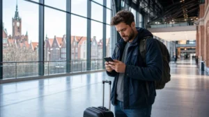 Traveller setting up mobile internet after arriving in Gdańsk.