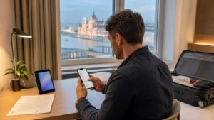 Traveller setting up mobile internet in a Budapest hotel room