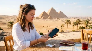 Tourist setting up internet before traveling in Egypt