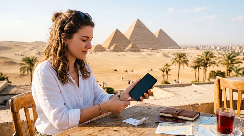 Tourist setting up internet before traveling in Egypt