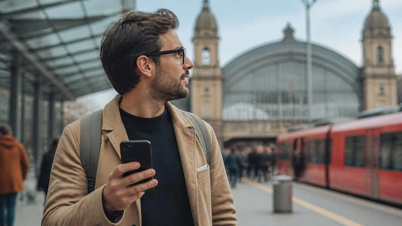 Traveller using mobile internet on a smartphone while exploring Germany