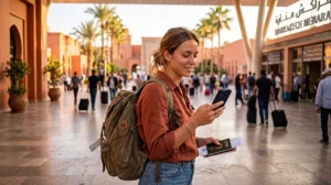 Tourist getting mobile internet while traveling in Morocco