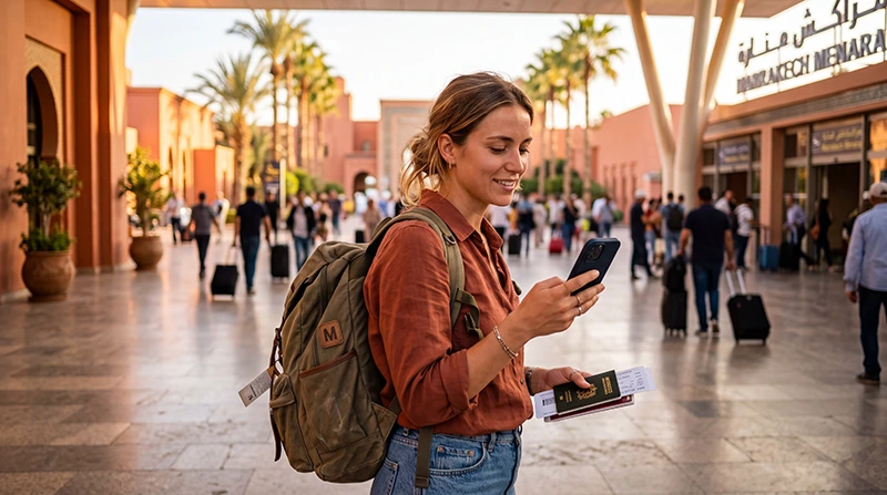 Tourist getting mobile internet while traveling in Morocco
