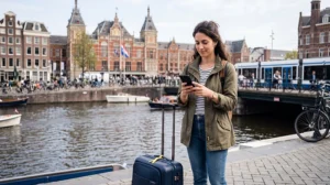 Tourist setting up mobile internet with an eSIM after arriving in the Netherlands