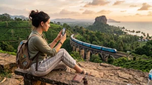 Traveler using mobile internet while exploring Sri Lanka