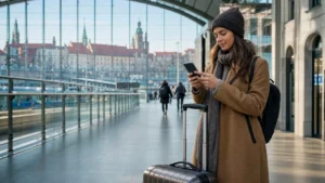 Traveller setting up mobile internet after arriving in Kraków.