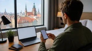 Traveller setting up mobile internet in a hotel overlooking Wrocław Poland.