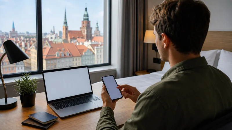 Traveller setting up mobile internet in a hotel overlooking Wrocław Poland.