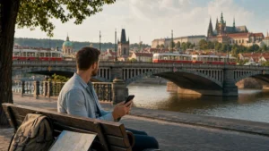 Traveller using mobile internet beside the Vltava in Prague.