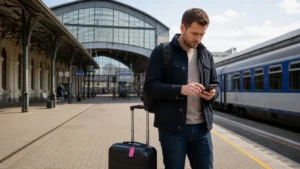 Traveller configuring a smartphone beside luggage at a Slovak railway station.
