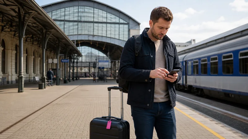 Traveller configuring a smartphone beside luggage at a Slovak railway station.