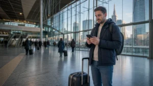 Traveller setting up internet after arriving in Warsaw.