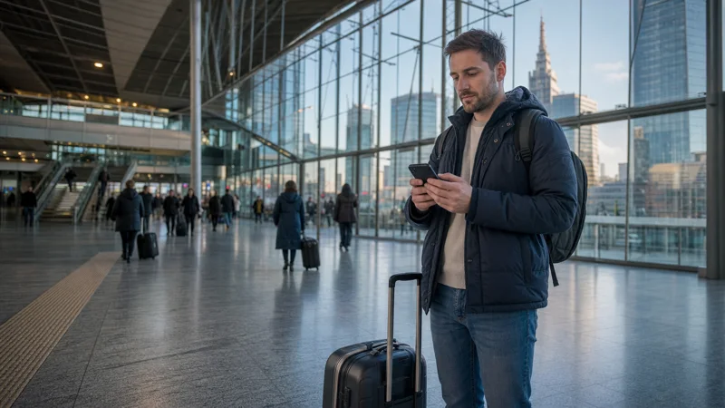 Traveller setting up internet after arriving in Warsaw.