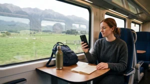 Traveller preparing mobile internet while travelling by train in New Zealand