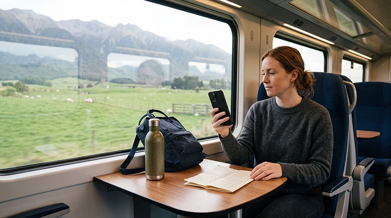 Traveller preparing mobile internet while travelling by train in New Zealand
