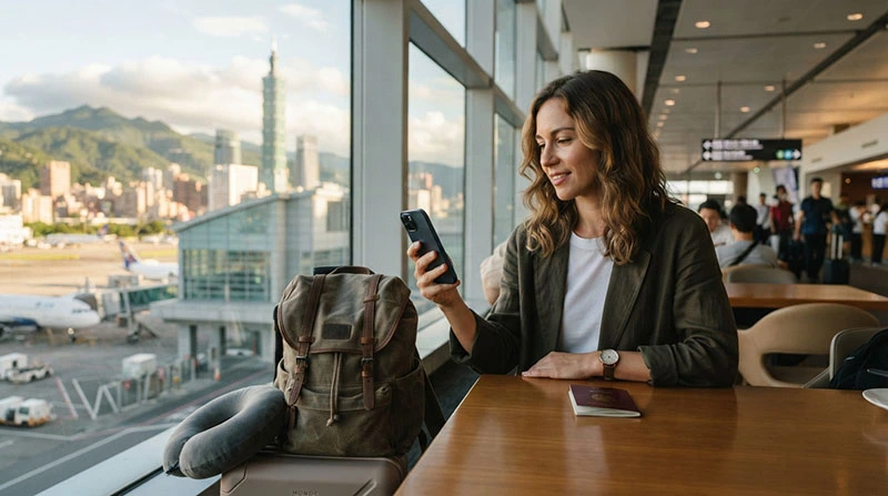 Traveller setting up mobile internet on a smartphone before arriving in Taiwan