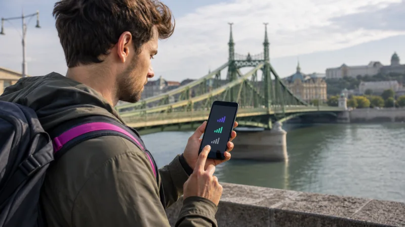 Traveller selecting a mobile network for a Hungary eSIM in Budapest