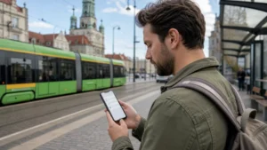 Traveller reviewing network selection on a Poznań tram platform.