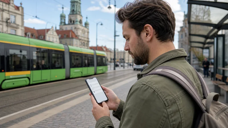 Traveller reviewing network selection on a Poznań tram platform.