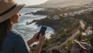 Traveller using an eSIM on a smartphone while exploring the Canary Islands