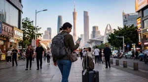 Traveler using an eSIM for mobile data while traveling in China