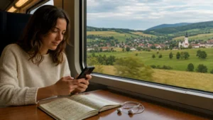 Traveller using a Czech Republic eSIM during a train journey.
